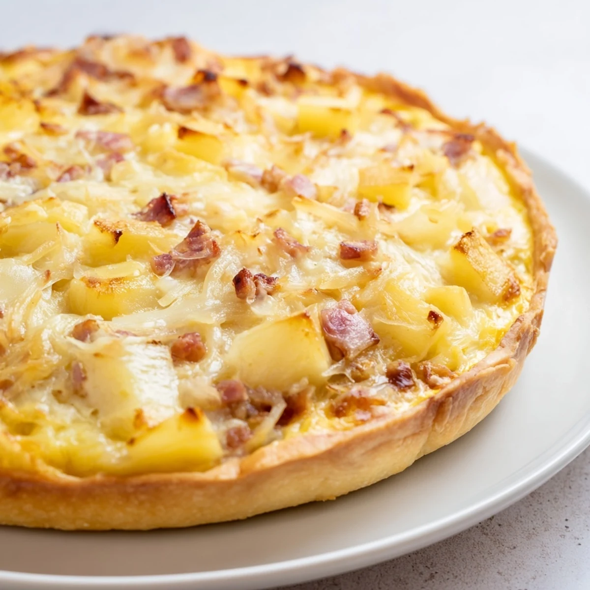 Golden German onion pie topped with caramelized onions and bacon on a flaky pastry crust