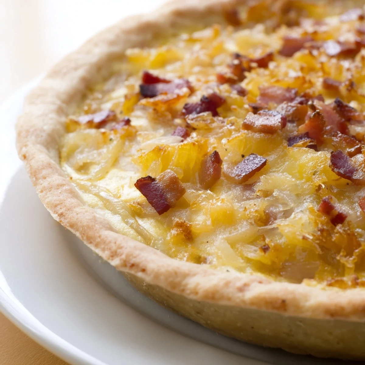 Savory German onion pie slice served warm with creamy custard filling and golden baked edges