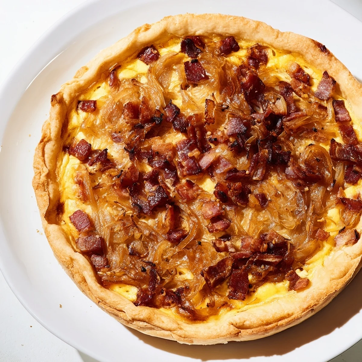 Homemade German onion pie featuring smoky bacon and sweet onions in a rich egg custard