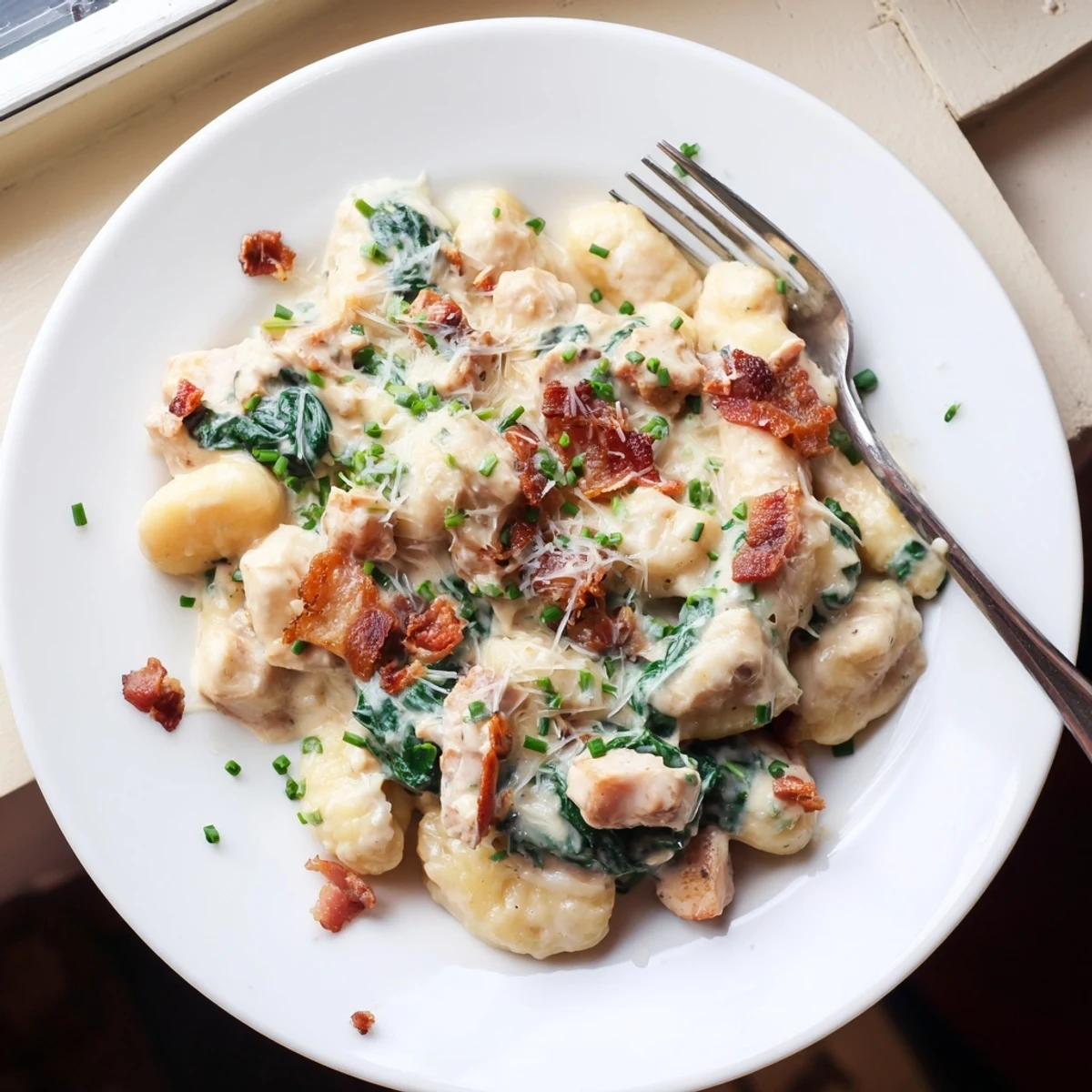 Creamy crack chicken gnocchi in a white cheese sauce with crispy bacon pieces