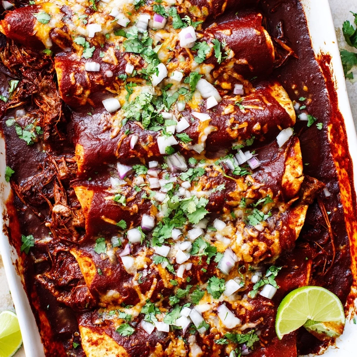 Birria enchiladas featuring tender shredded beef in corn tortillas topped with melted cheese and fresh cilantro