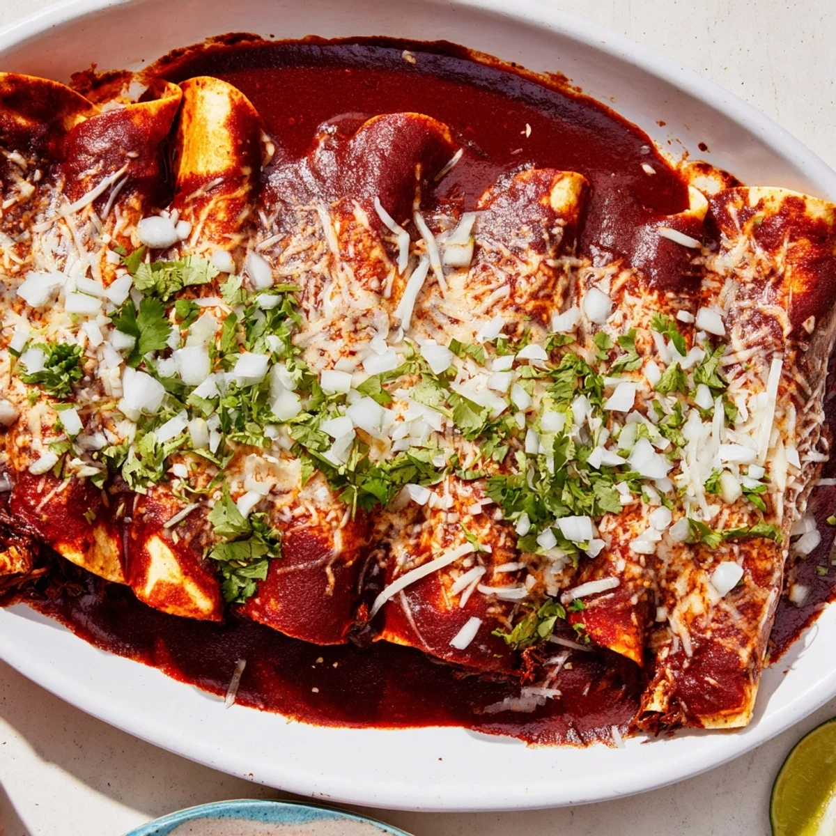 Golden corn tortillas rolled around juicy birria beef, bubbling with cheese and garnished with herbs