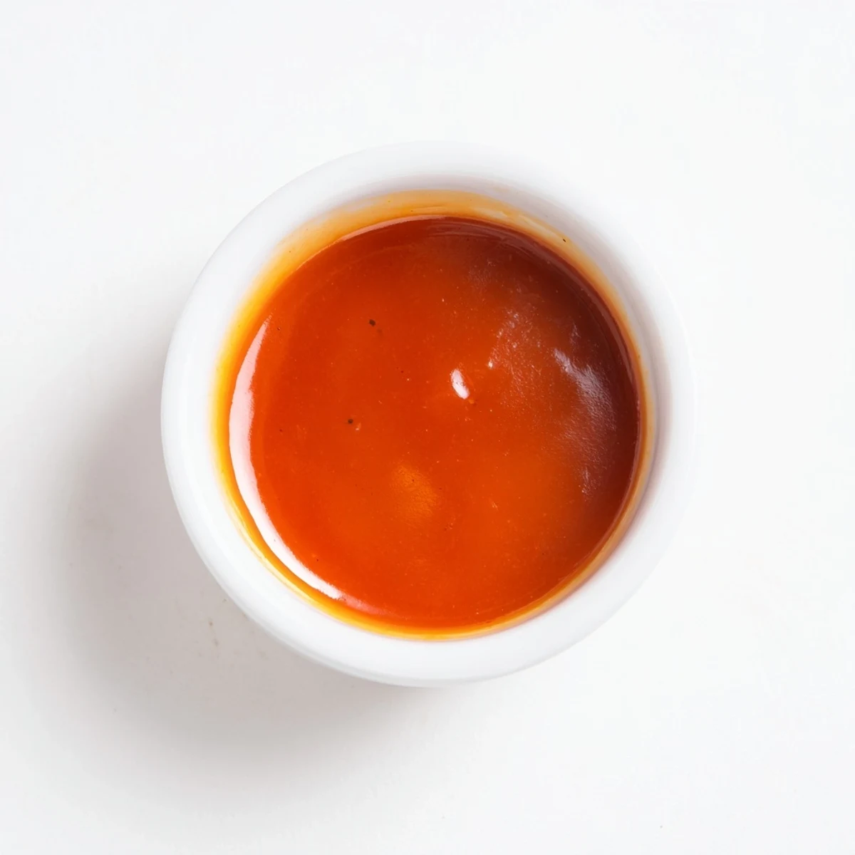 Golden McDonalds sweet and sour sauce in a white dipping bowl beside crispy chicken nuggets