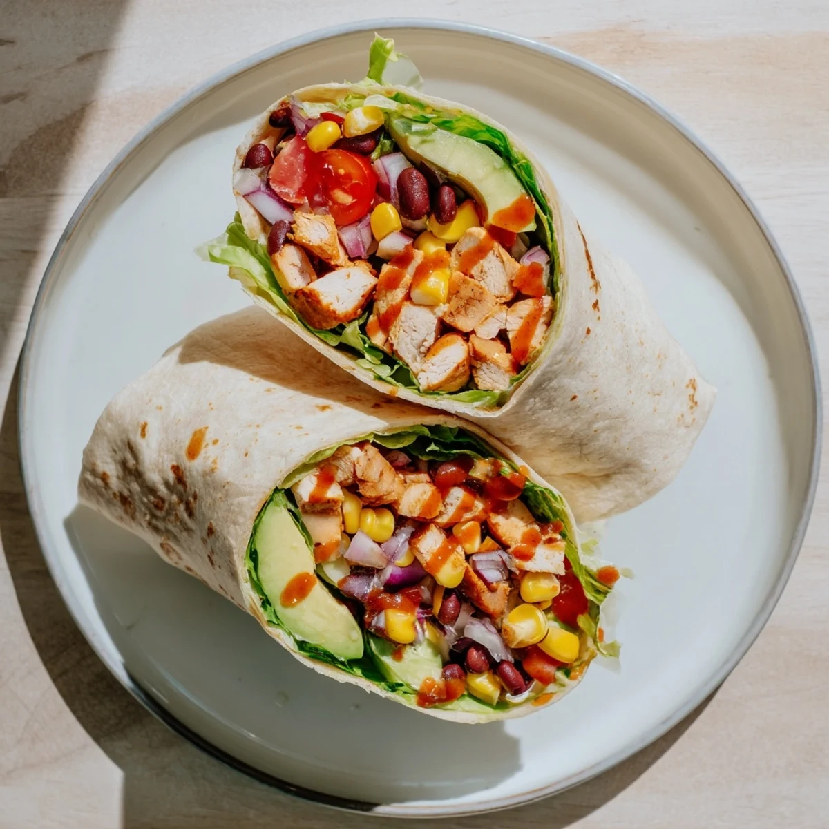 Creamy Southwest chicken wraps with spiced chicken, black beans, corn, and zesty lime sauce