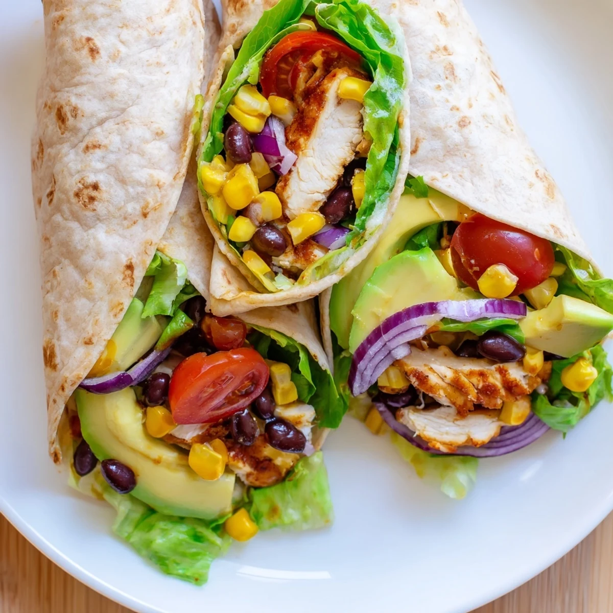 Fresh Southwest chicken wraps rolled with seasoned chicken, crisp lettuce, and colorful vegetables