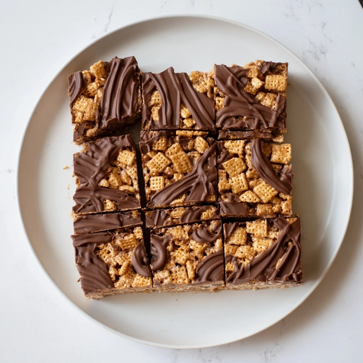 Cut square of no-bake honey Chex chocolate peanut butter bar showing crunchy cereal texture