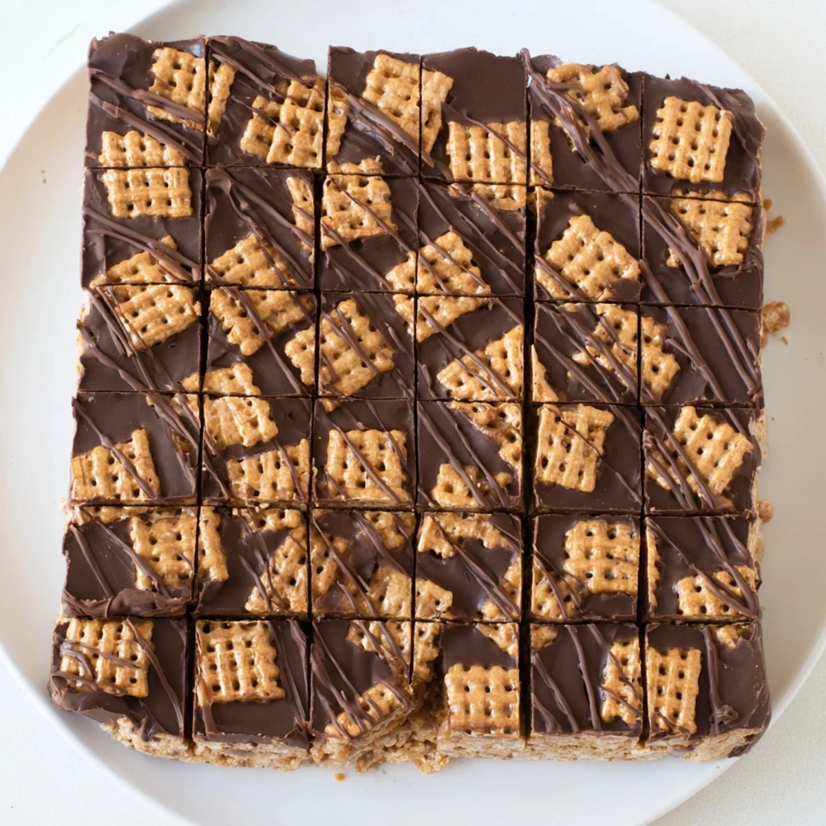 Homemade gluten-free honey Chex chocolate peanut butter bars drizzled with smooth chocolate on white plate