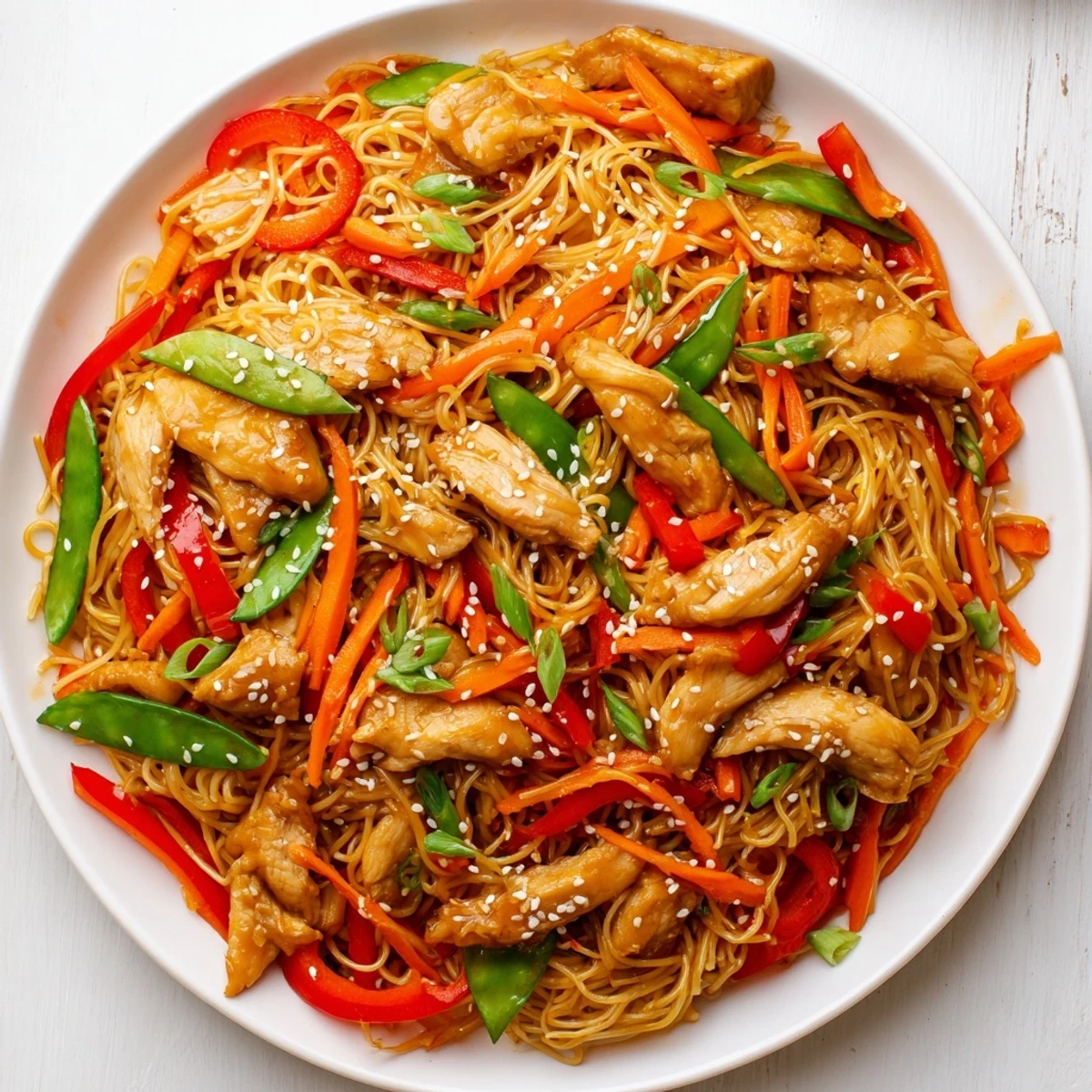 Golden sticky garlic chicken noodles tossed with crisp colorful vegetables in a glossy sweet-salty sauce
