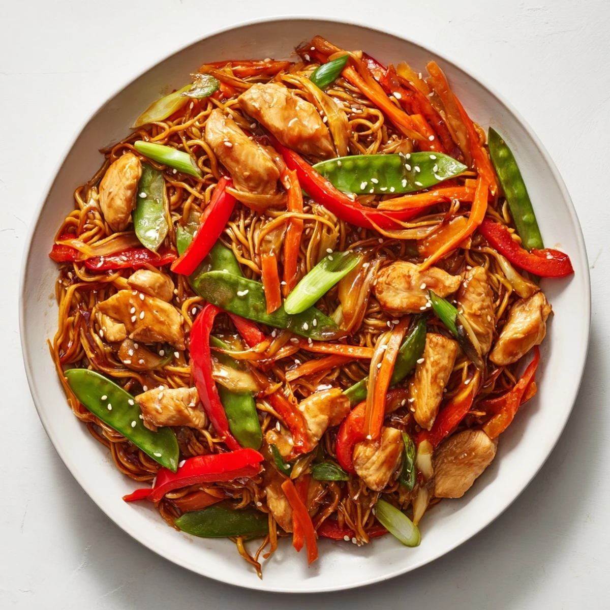 Asian-inspired garlic chicken noodles with snap peas and carrots glistening in savory sauce