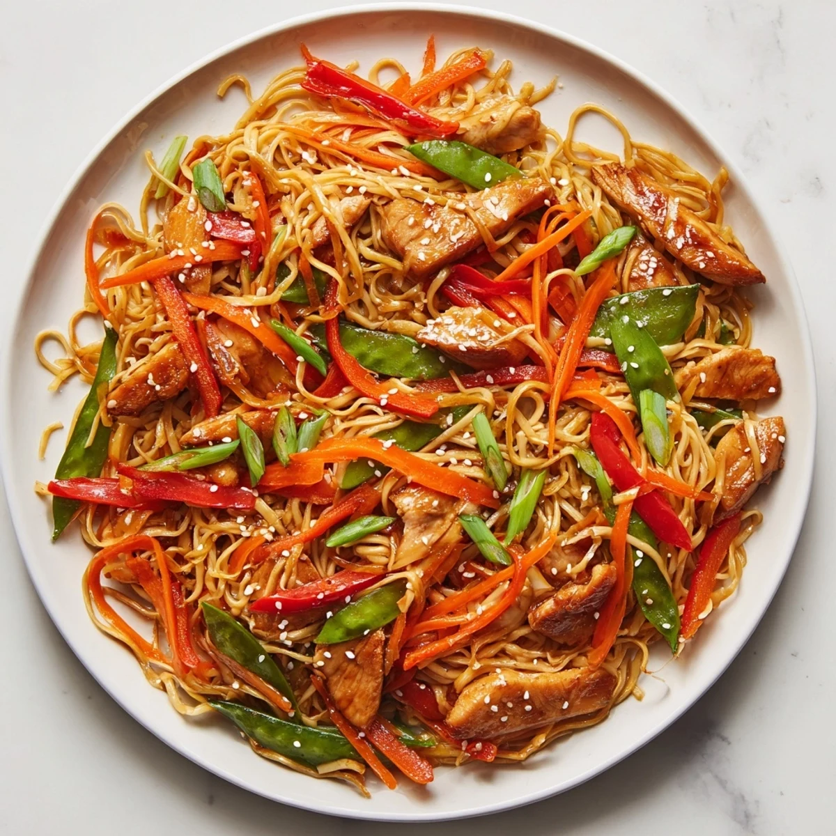 Weeknight dinner bowl of chewy egg noodles coated in sticky garlic glaze with tender chicken