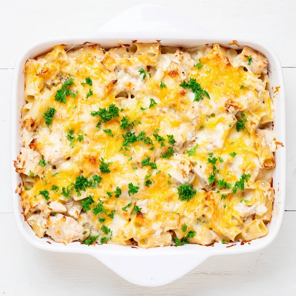 Creamy garlic cheese sauce coats tender chicken pieces and rigatoni pasta in this comforting casserole