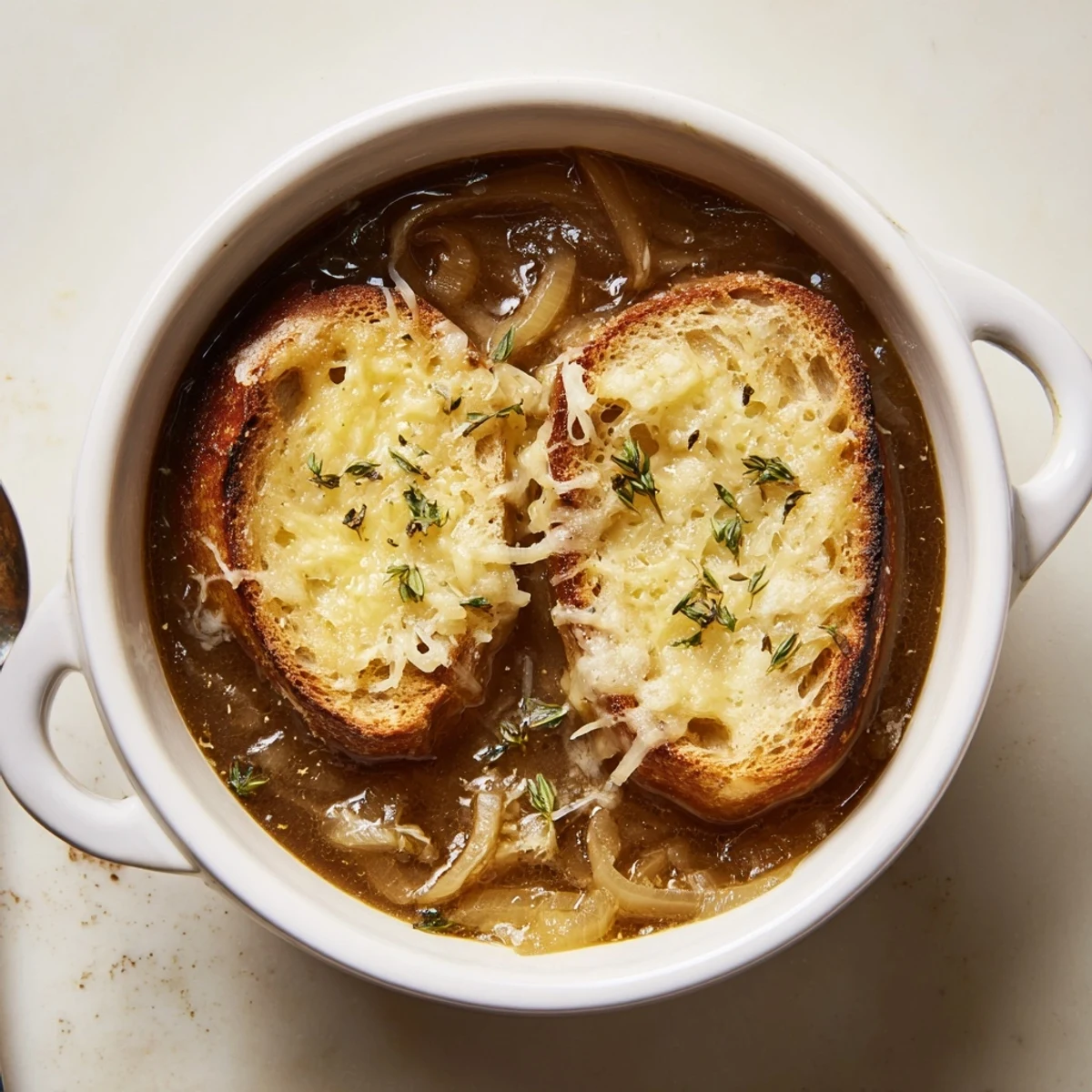 Rustic bowl of slow cooker French onion soup featuring rich beef broth, sweet browned onions, and toasted bread