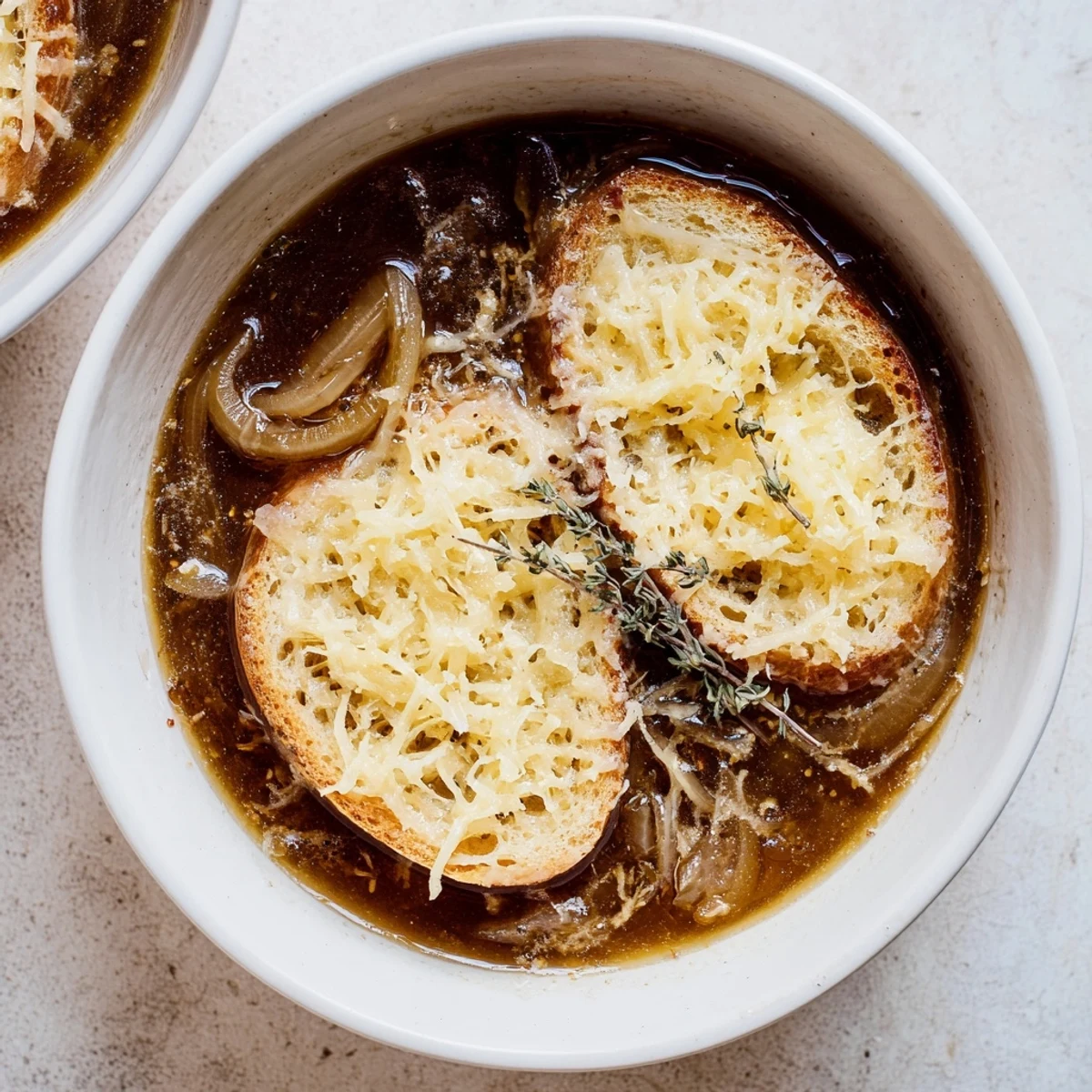 Oven-safe crock of slow cooker French onion soup topped with golden brown Gruyère and crispy French bread rounds