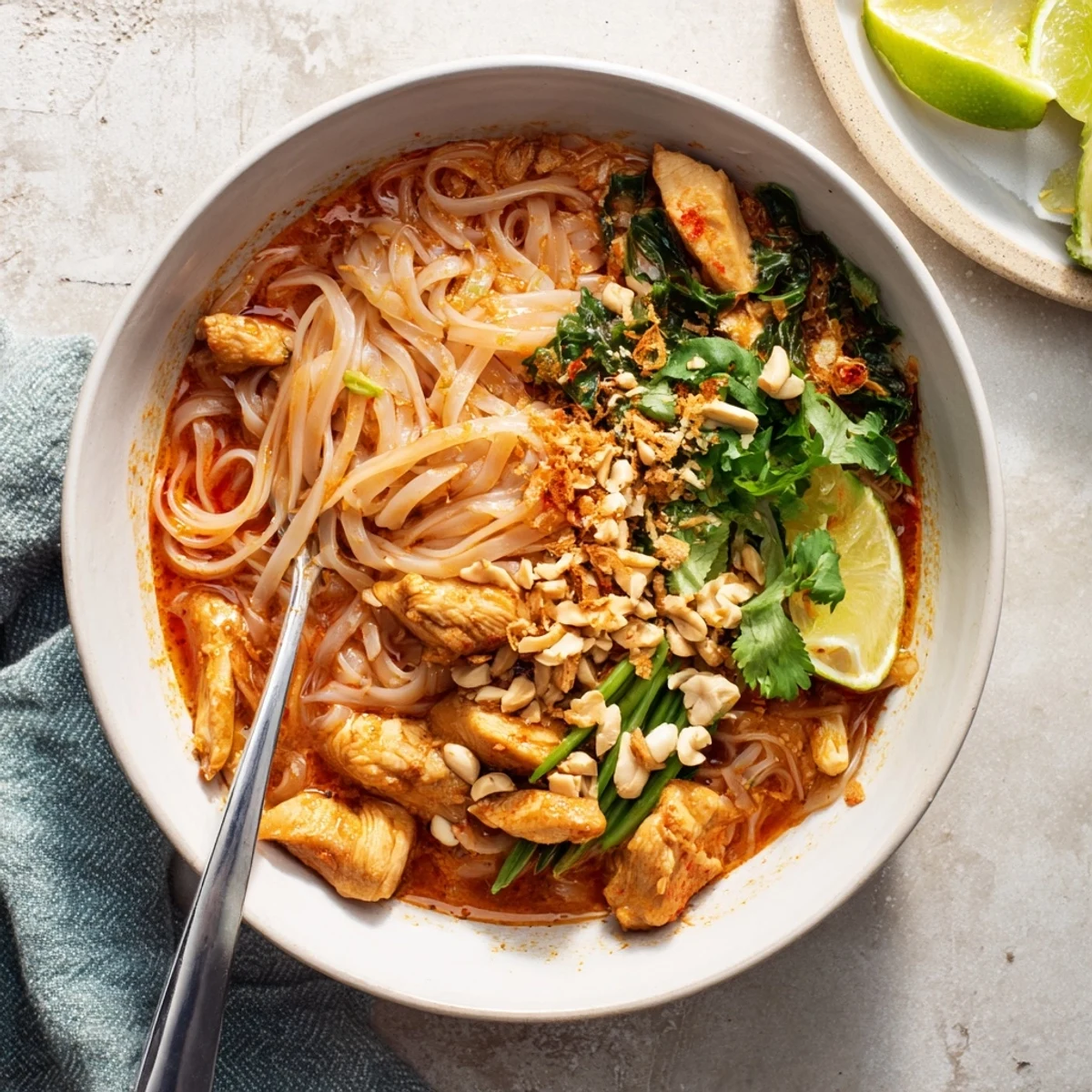 Steaming bowl of Shan noodles topped with savory chicken and crunchy peanuts
