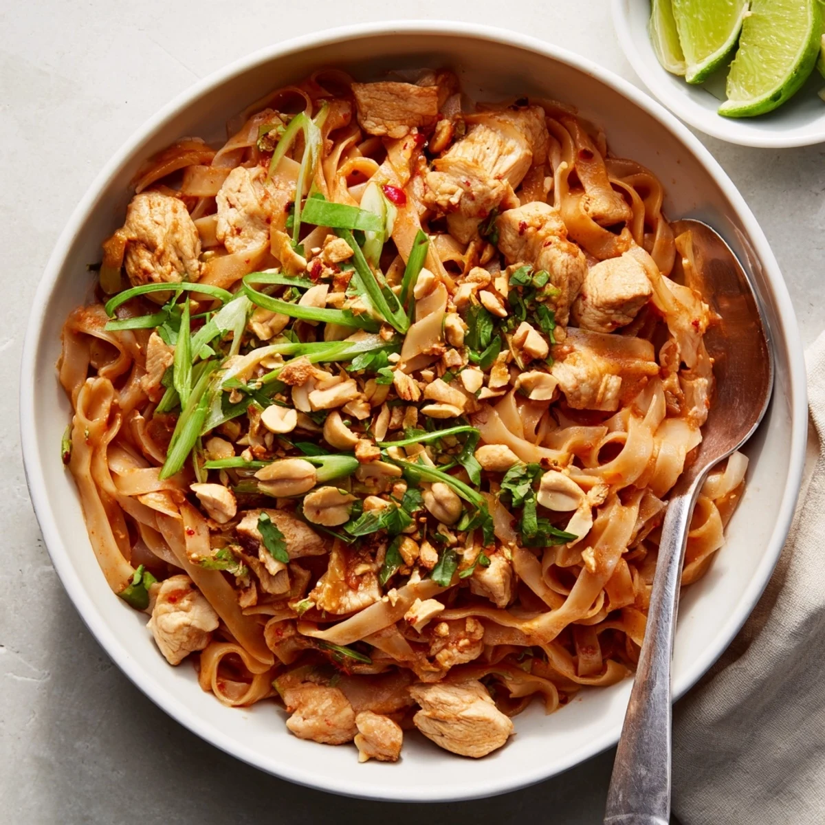 Heaping bowl of Burmese Shan noodles with chicken tomato sauce and lime