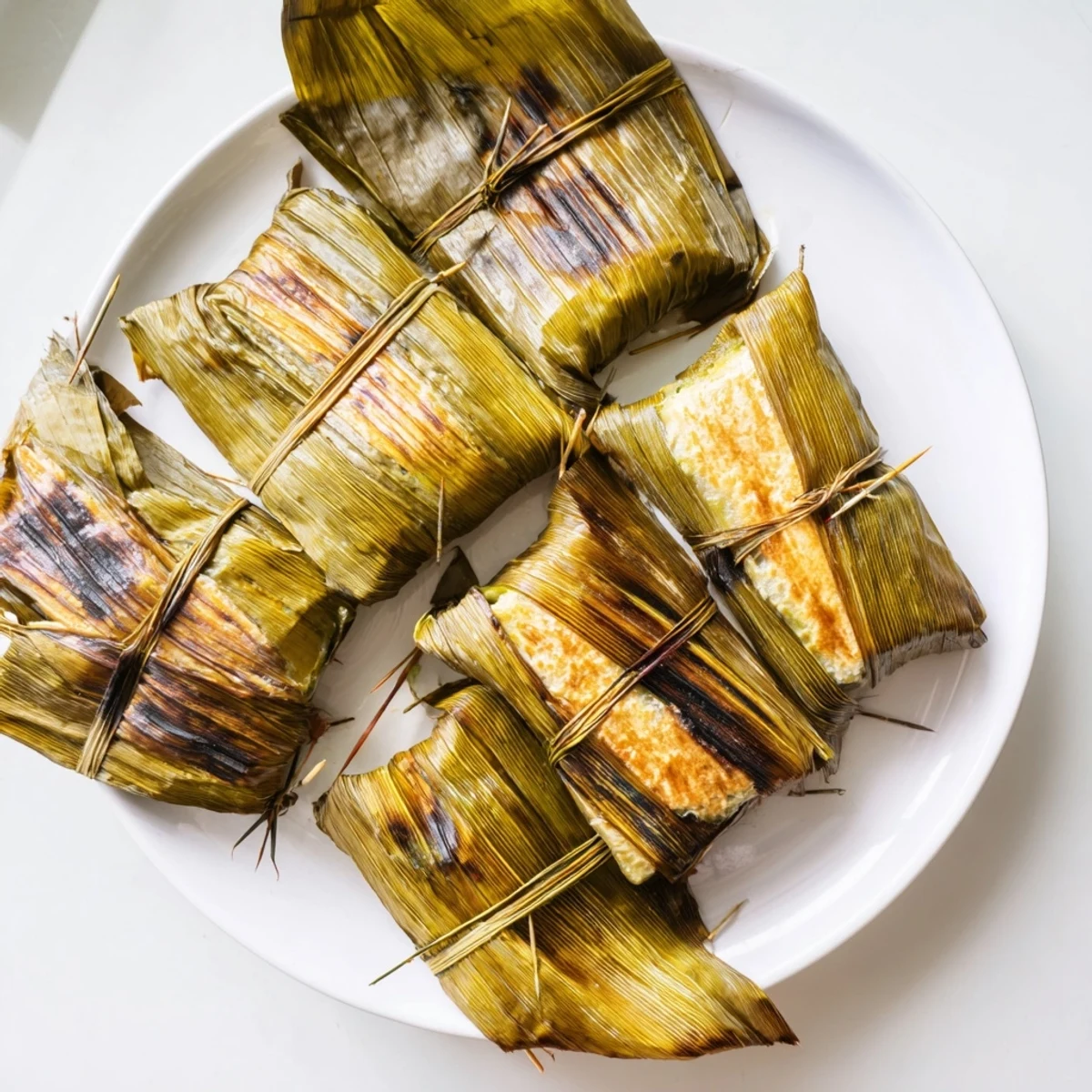 Grilled Malaysian Otak Otak fish parcels wrapped in charred banana leaves with aromatic spice-infused custard