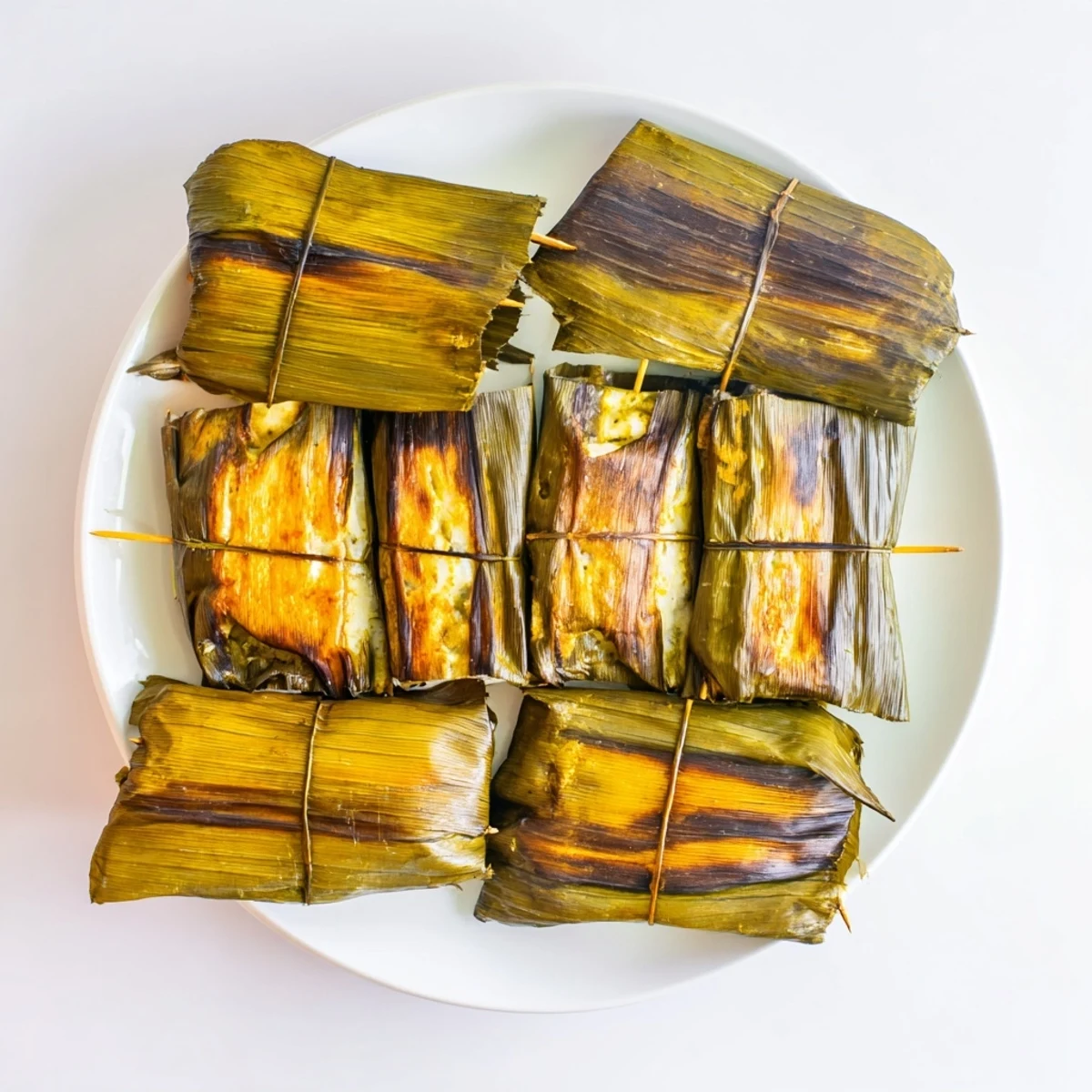 Creamy Malaysian Otak Otak spiced fish cake steamed in banana leaf wrapper featuring coconut milk and lemongrass