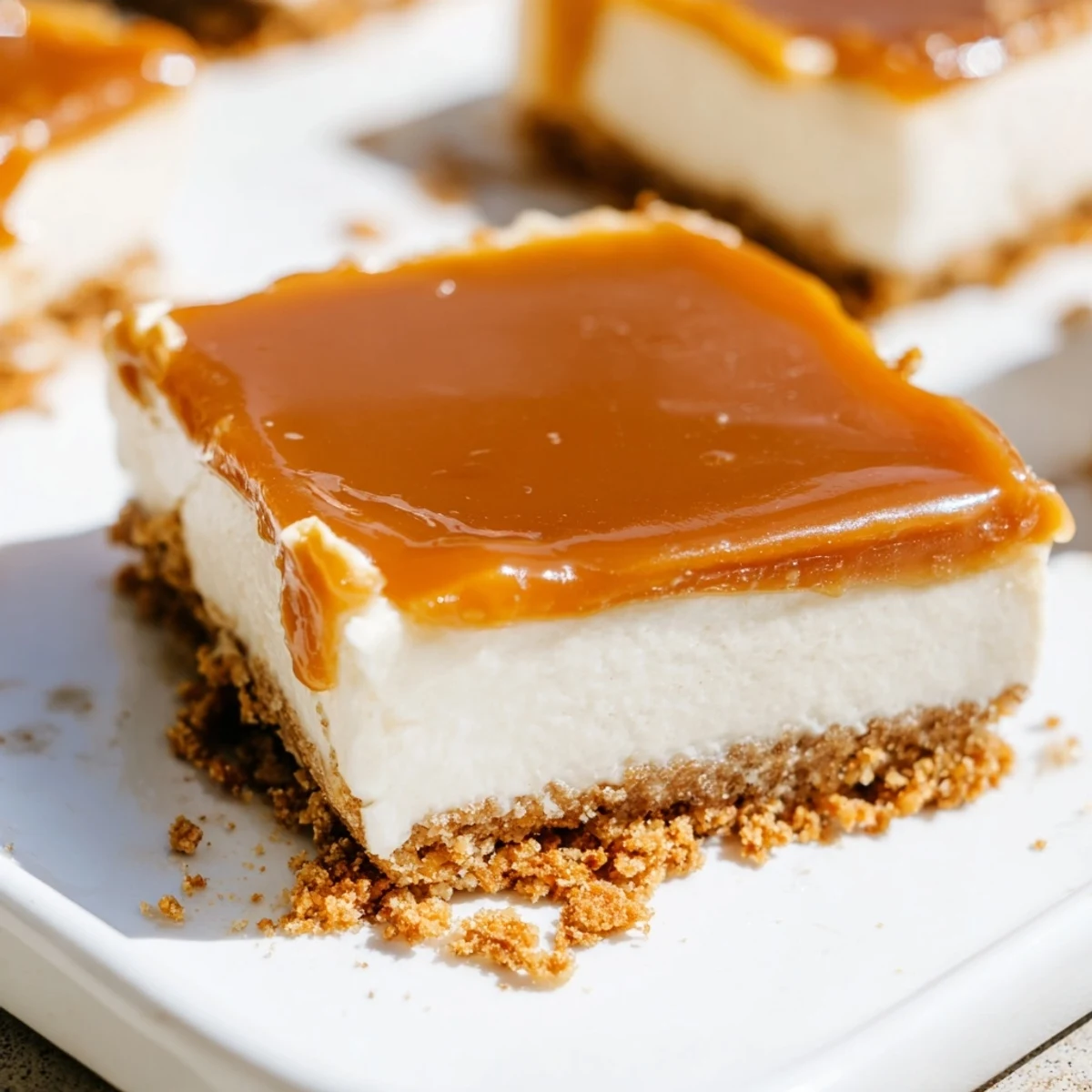 Golden caramel cascades over creamy cheesecake bars resting on a buttery graham cracker crust