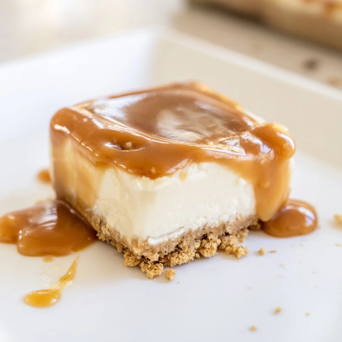 Decadent caramel cheesecake bars feature smooth cream cheese filling and sweet caramel topping on crumbly crust