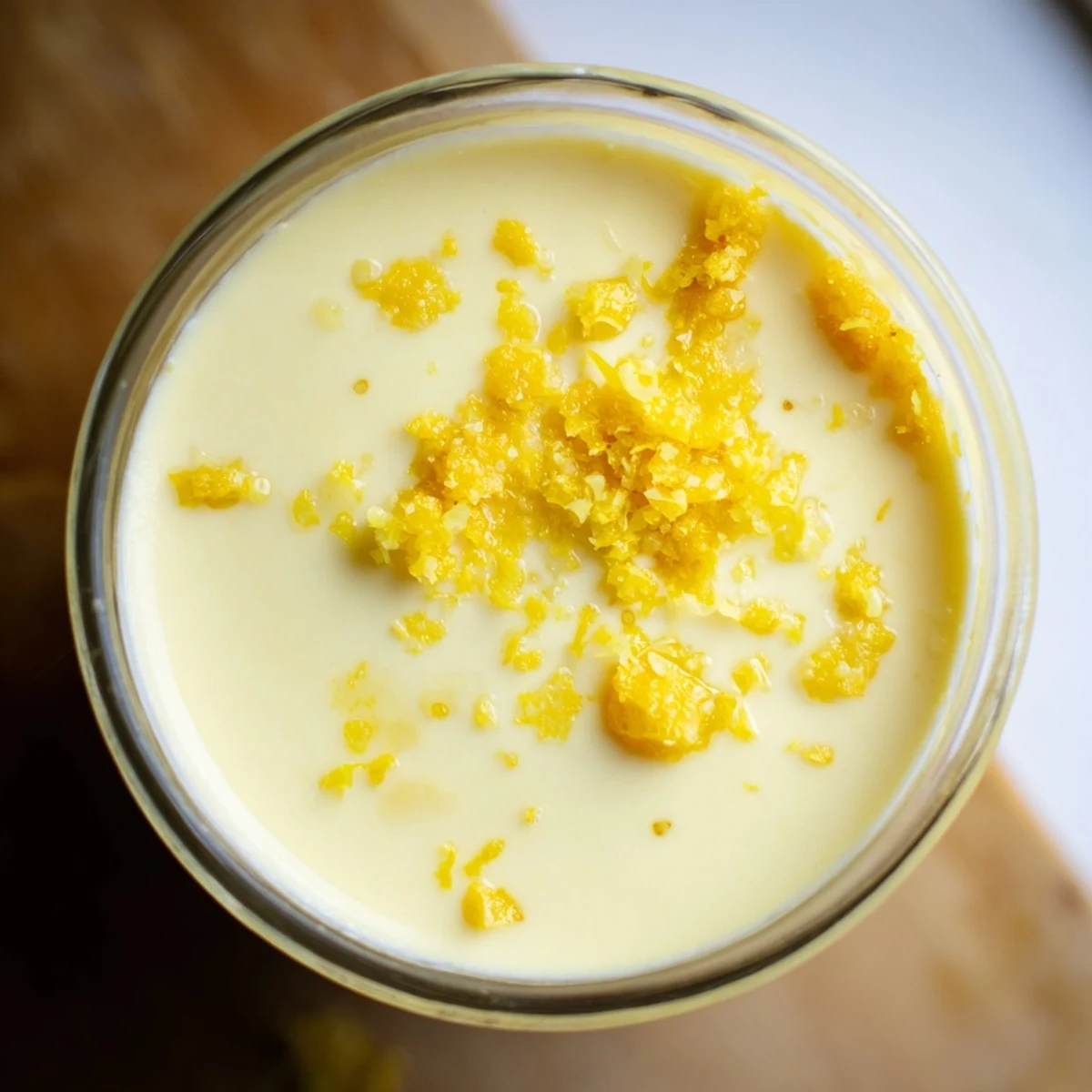 Creamy lemon posset set in individual glasses topped with fresh lemon zest garnish
