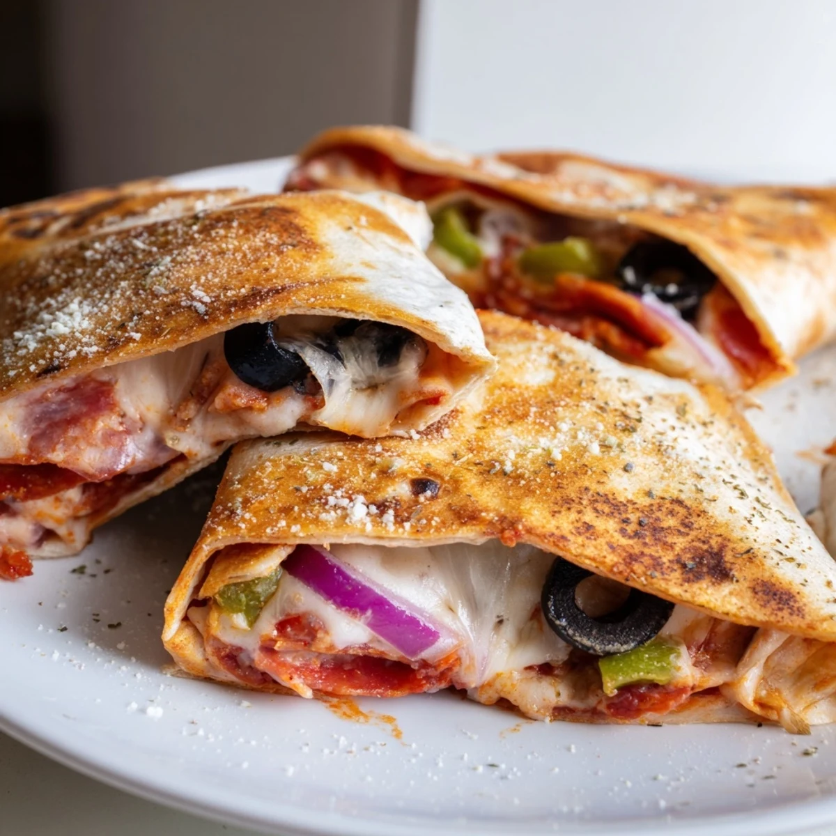 Crispy air fried pizza burritos filled with colorful bell peppers and black olives for easy weeknight dinners
