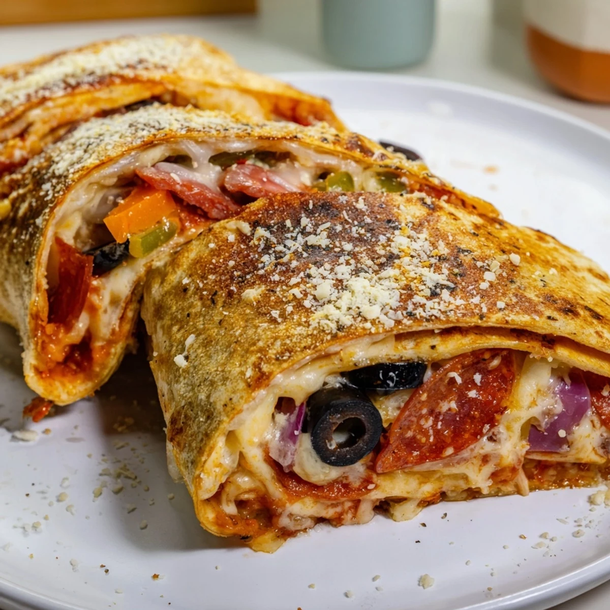 Delicious pizza burritos oozing with cheese and pizza sauce wrapped in warm flour tortillas