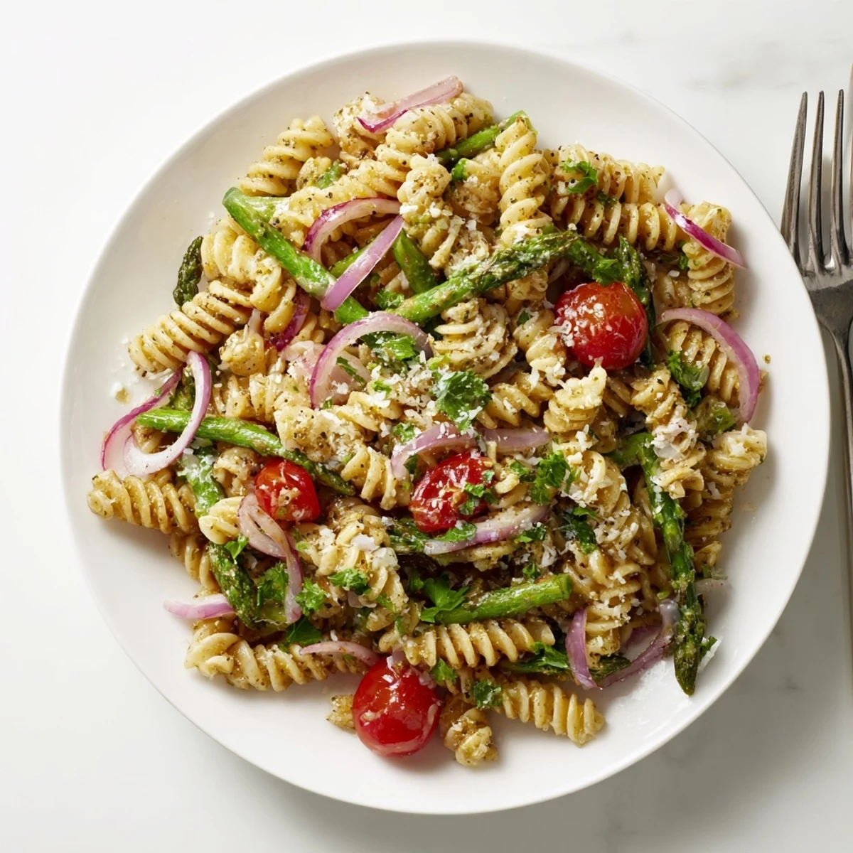 Creamy lemon asparagus pasta salad tossed with zesty vinaigrette, crisp vegetables, and parmesan garnish for spring gatherings