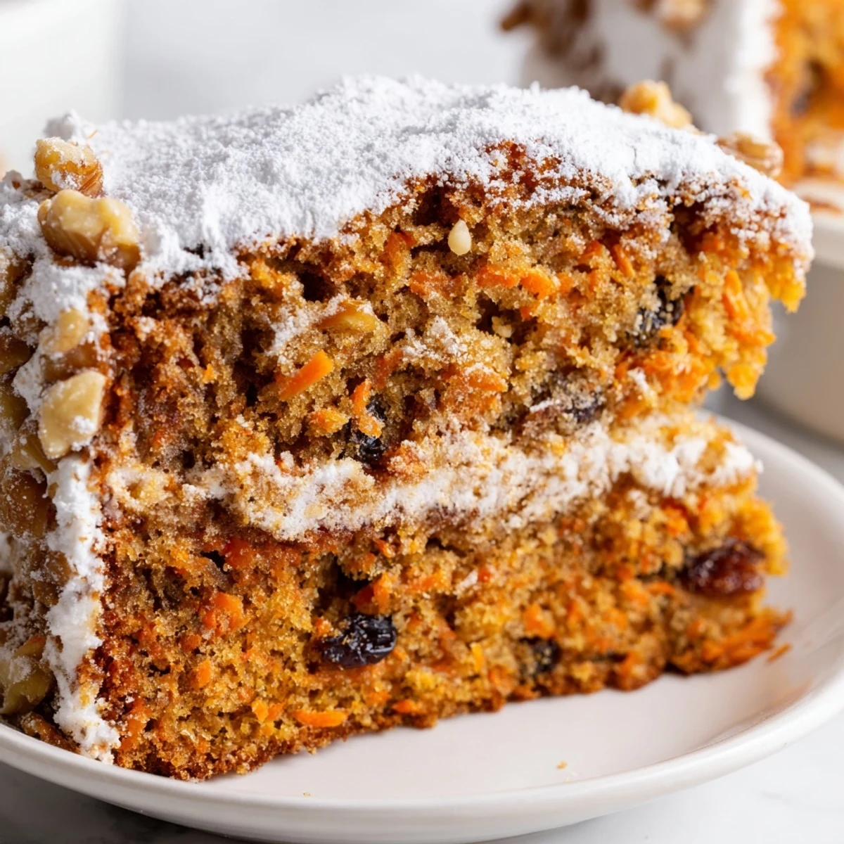Moist Greek yogurt carrot cake with grated carrots and warm cinnamon spices on a white plate