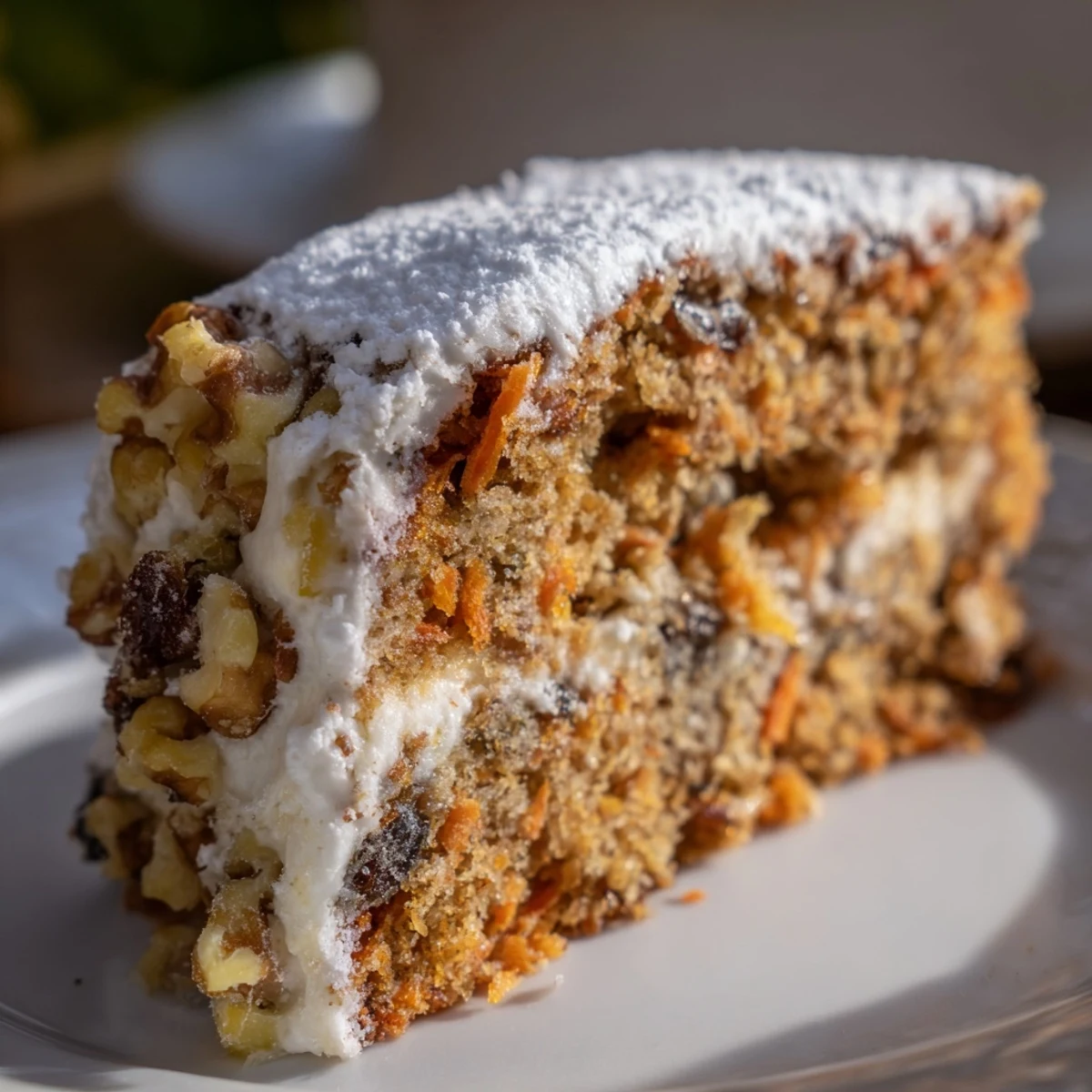 Freshly baked Greek yogurt carrot cake one bowl showing golden crumb texture with cream cheese frosting spread