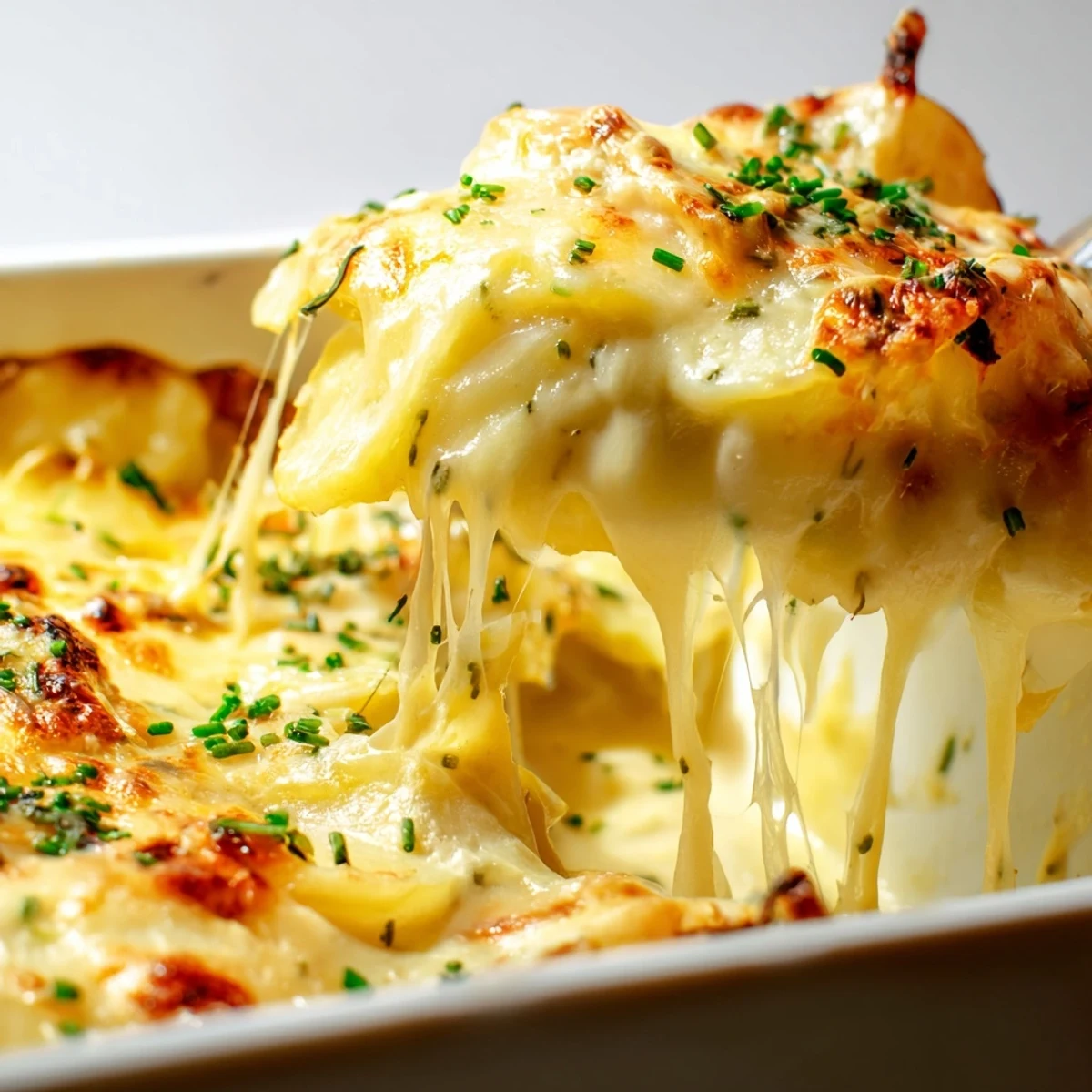 Golden cheesy potatoes au gratin with bubbling Gruyère cheese topping
