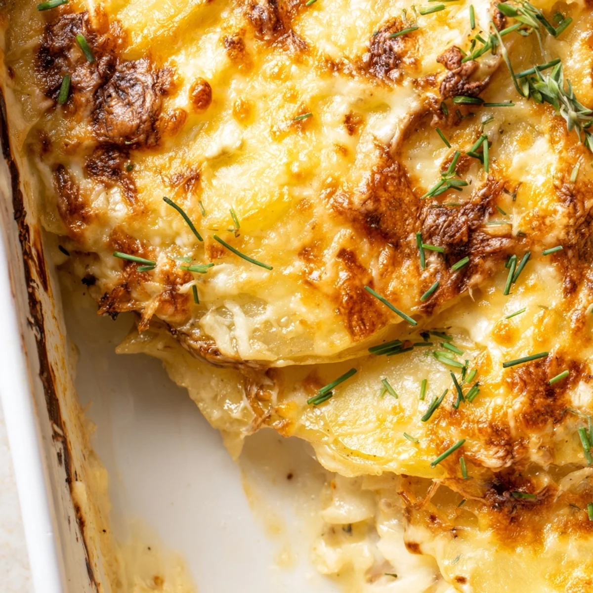 Traditional potatoes au gratin with rich Gruyère sauce and tender sliced potatoes
