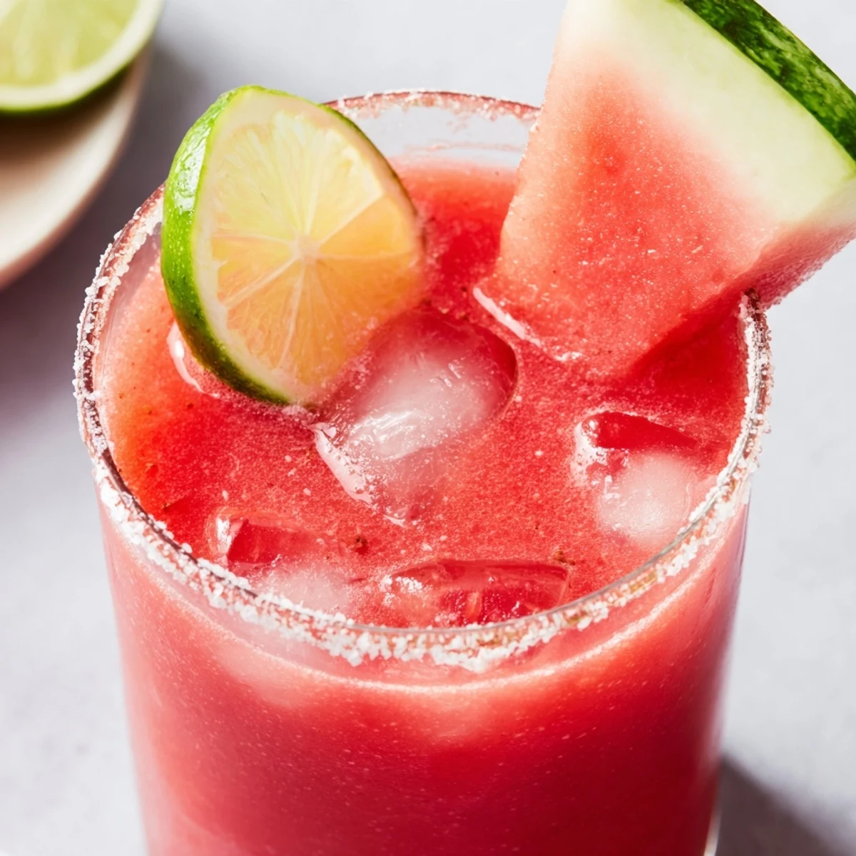 Vibrant pink watermelon margarita mocktail garnished with fresh lime wedges and watermelon slices over ice