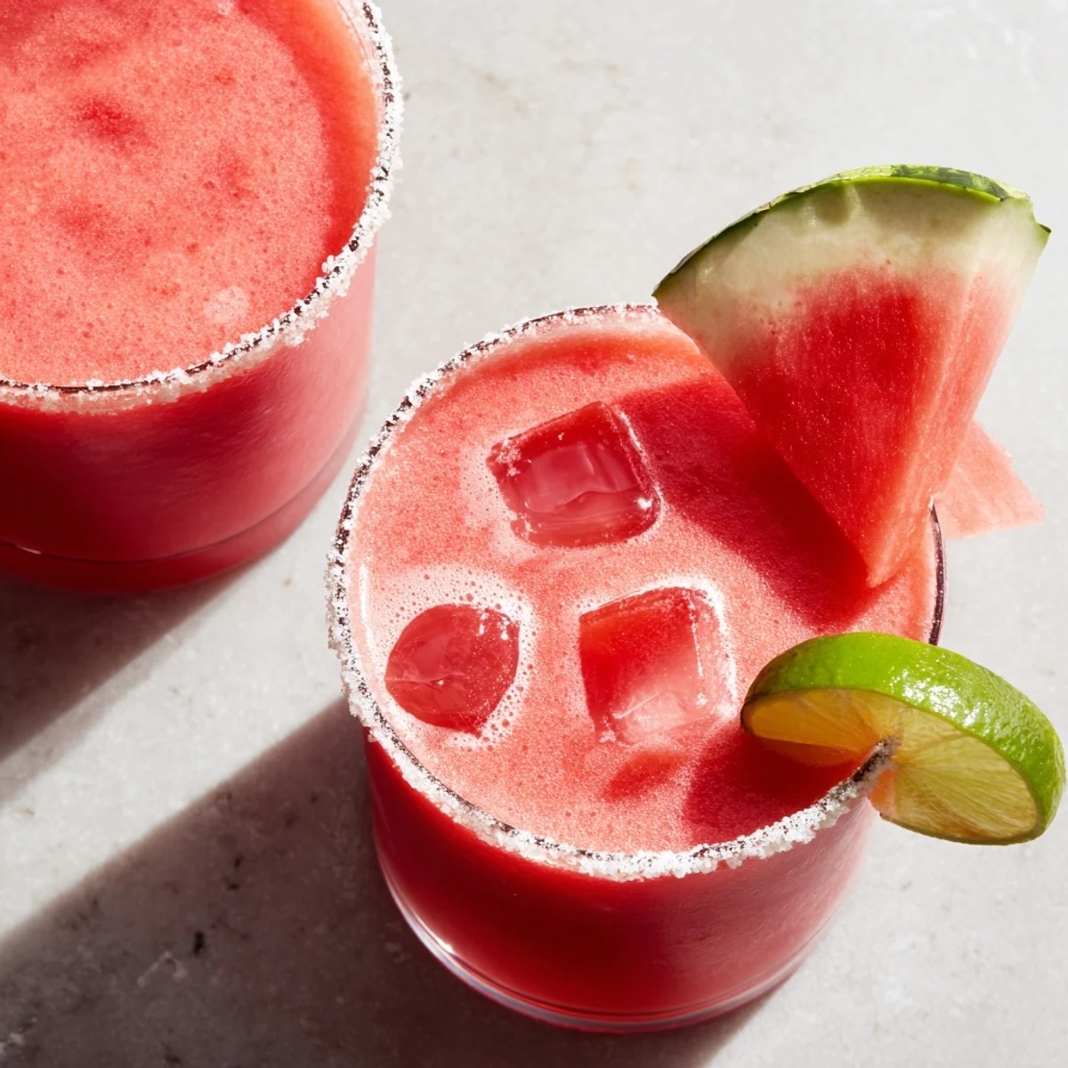 Refreshing alcohol-free watermelon margarita mocktail in a salt-rimmed glass with citrus garnish