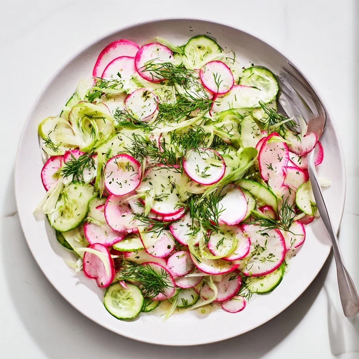 Vibrant radish and cucumber salad featuring thinly sliced vegetables dressed in olive oil and Dijon mustard