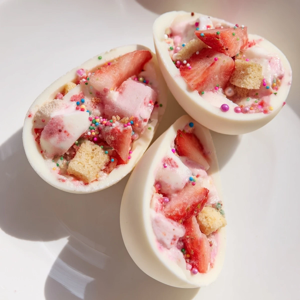 White chocolate Easter egg bombs filled with creamy strawberry shortcake mixture and fresh berries
