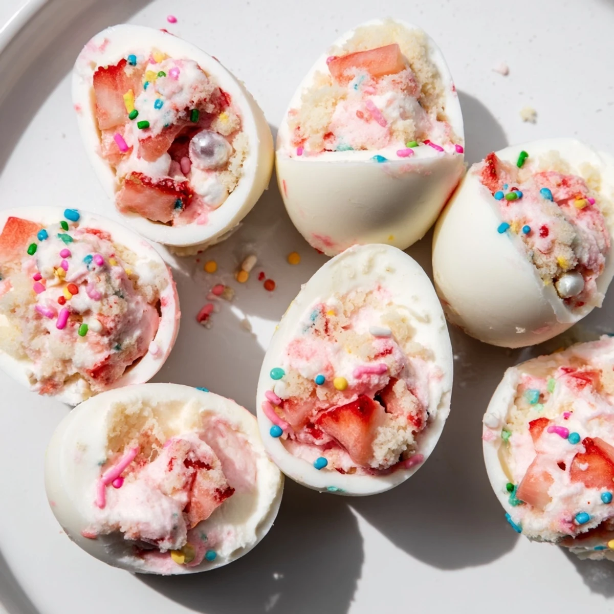 Pastel strawberry shortcake Easter egg bombs with sprinkles resting on white plate