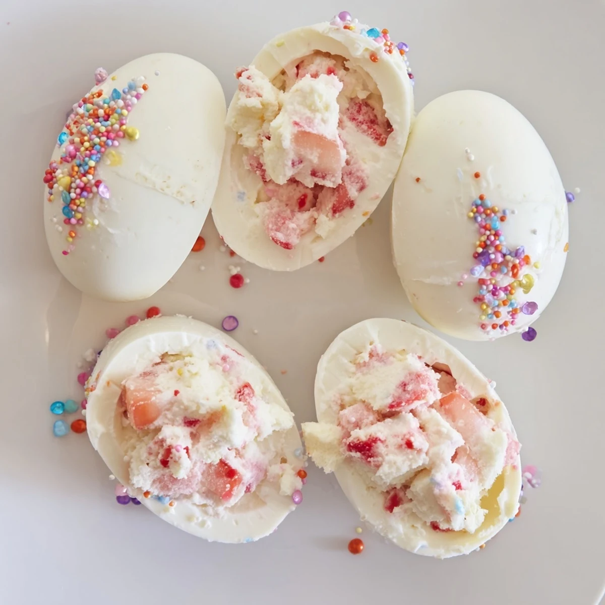 Festive Easter dessert bombs stuffed with strawberries and cake inside white chocolate shells