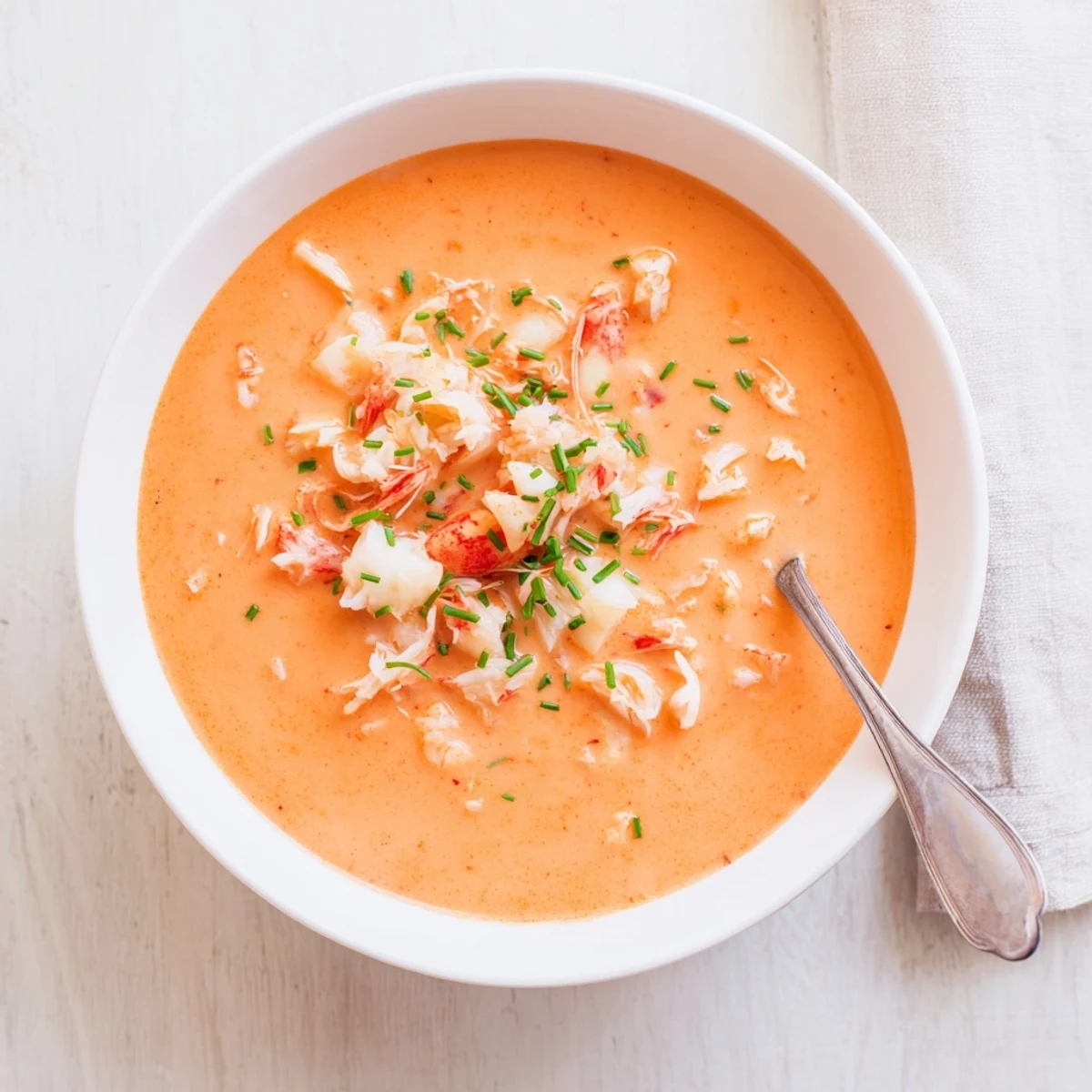 Creamy seafood bisque featuring tender shrimp, scallops, and crab in a smooth red-orange bowl garnished with fresh green chives