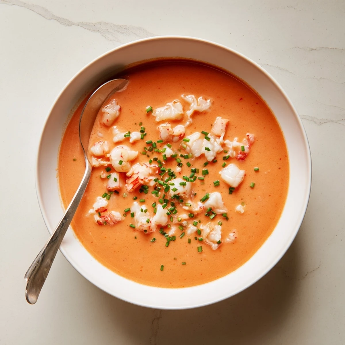 Rich French seafood bisque served with crusty bread, showcasing succulent lump crab meat and plump shrimp in a velvety broth