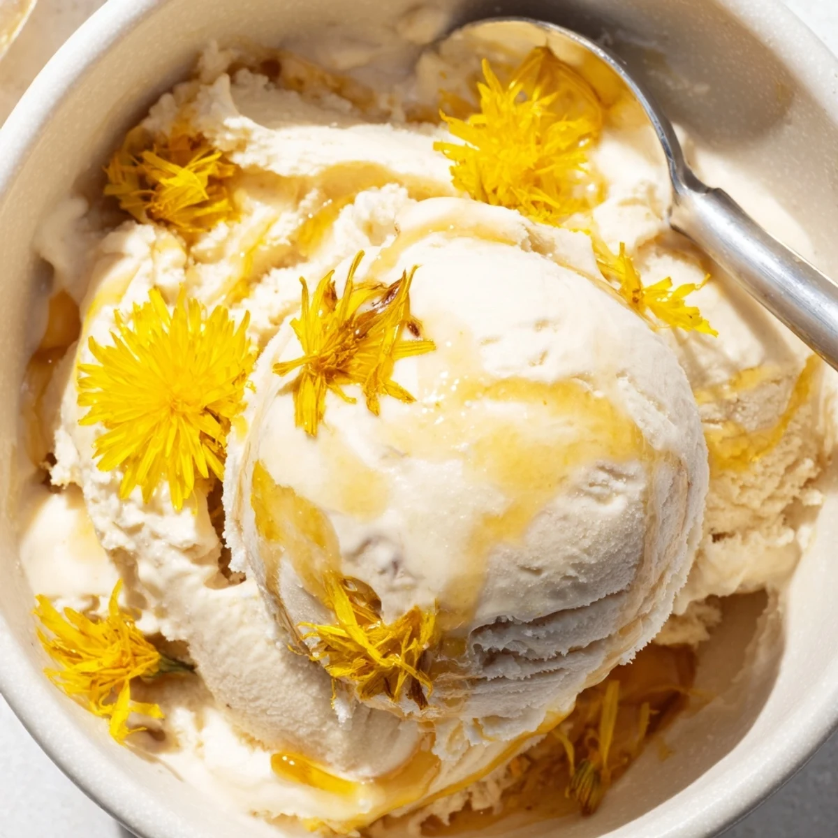 Velvety dandelion honey ice cream served in chilled glass bowls with fresh petals