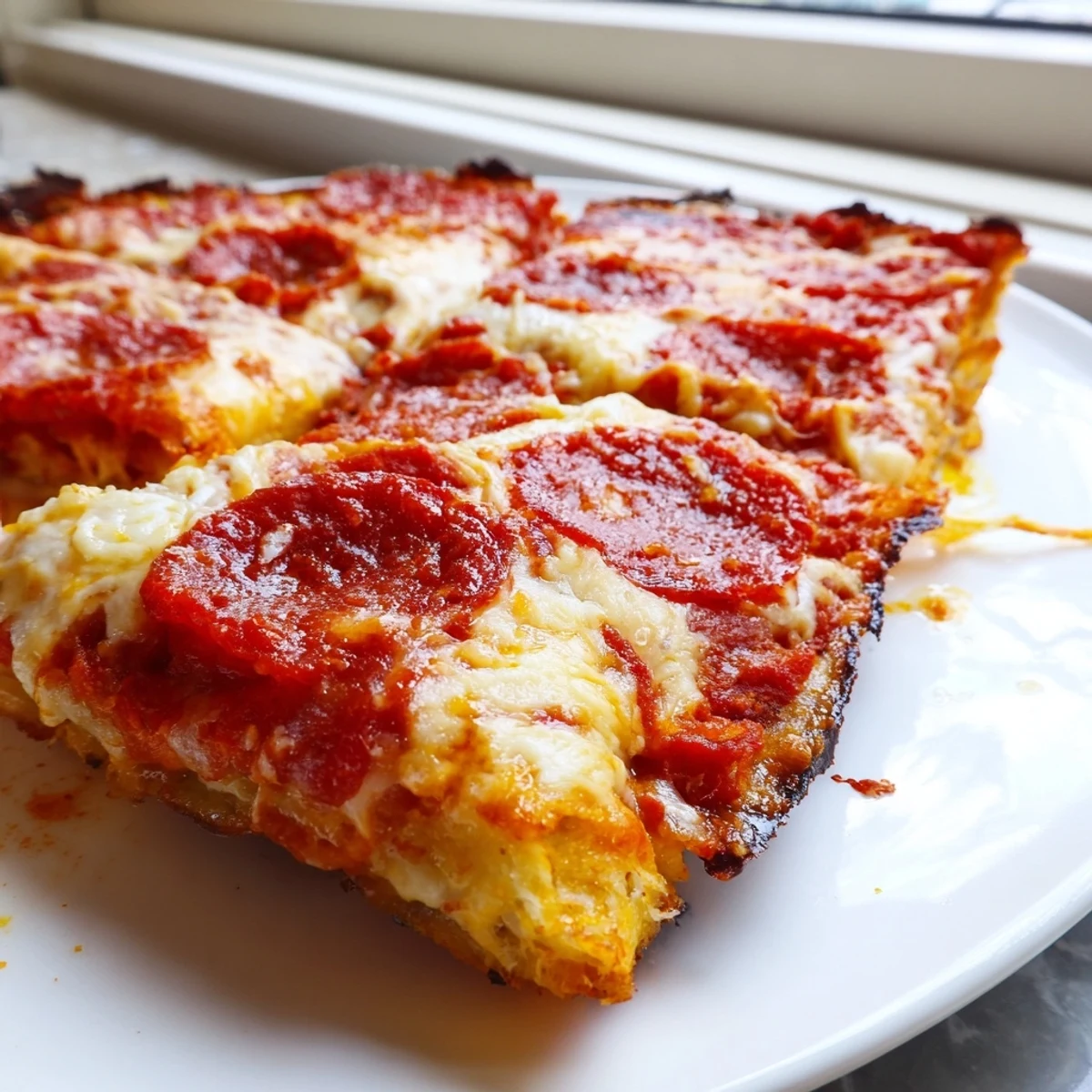 Golden pan pizza with bubbling mozzarella and pepperoni on a thick crispy crust