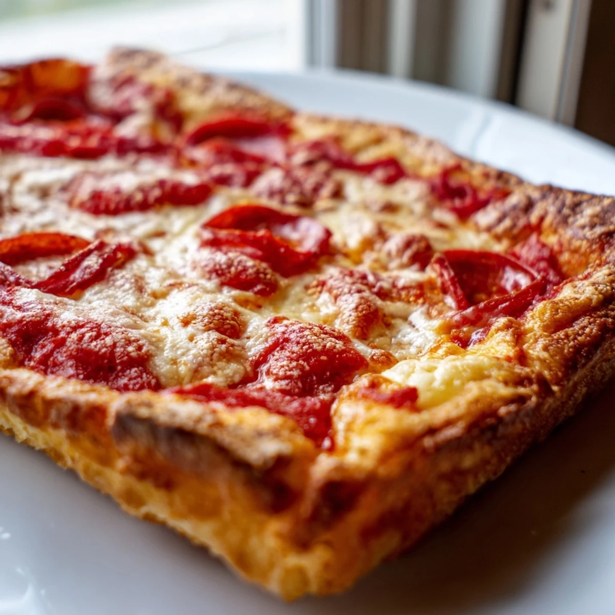 Homemade pan pizza with golden brown edges and generous layers of mozzarella and pepperoni