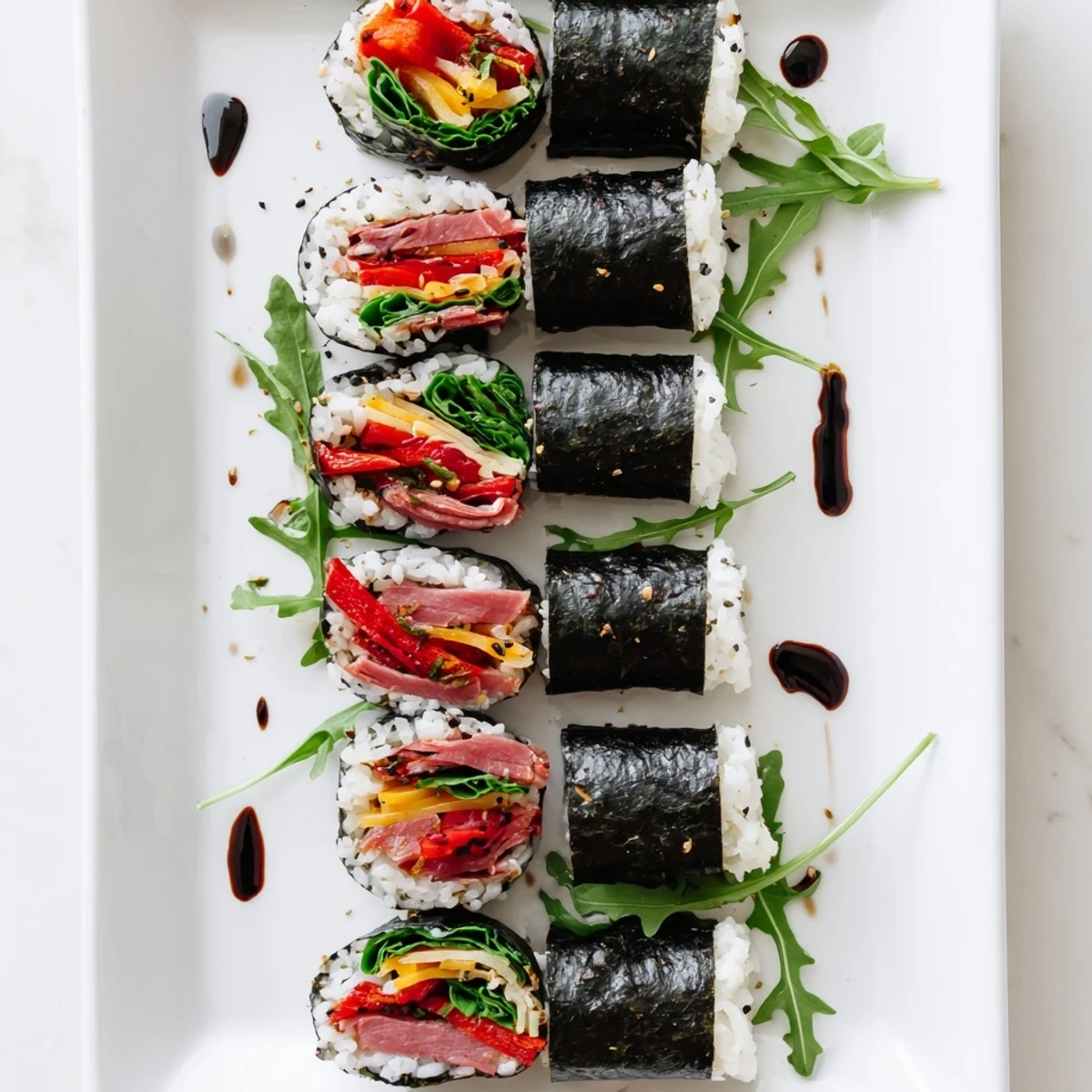 Sliced Italian sushi revealing vibrant layers of sun-dried tomatoes and arugula filling