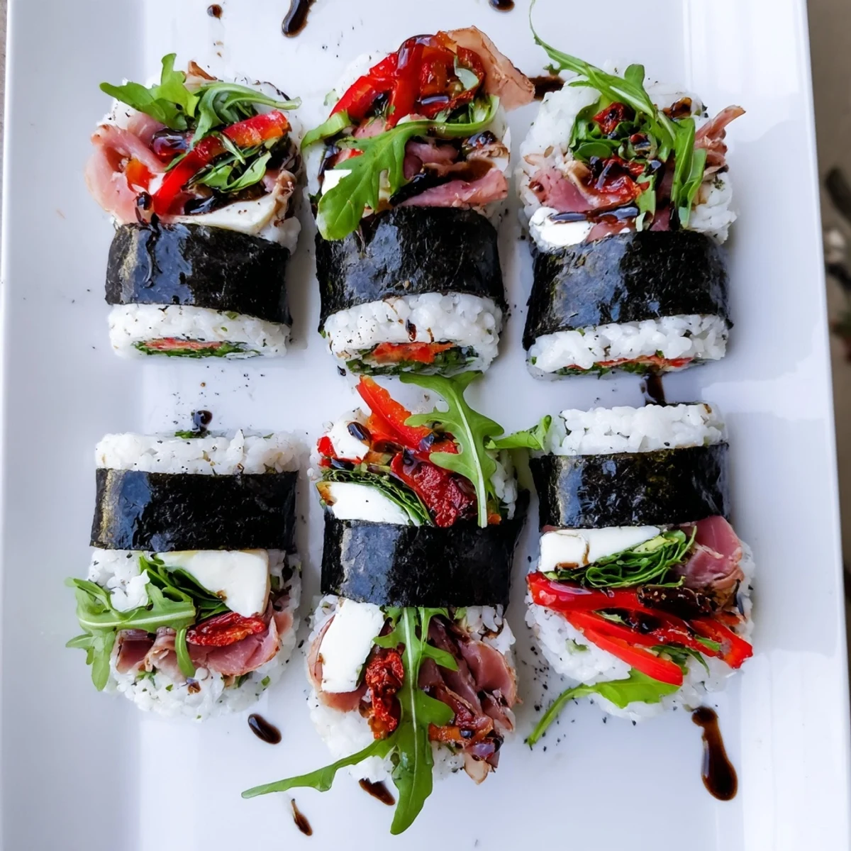 Fusion Italian sushi arranged on platter with fresh basil and balsamic glaze drizzle