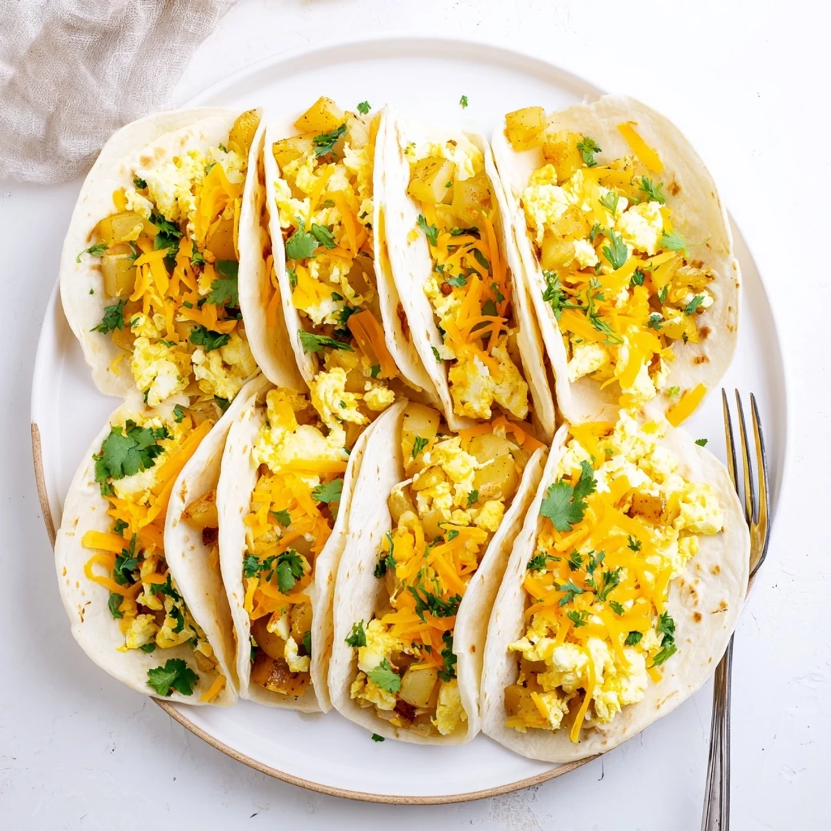 Golden potato egg cheese breakfast tacos loaded with fluffy scrambled eggs and melted cheddar in warm flour tortillas