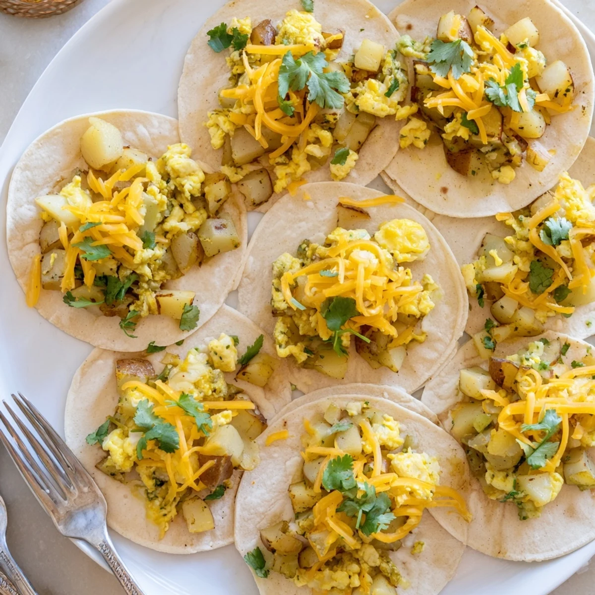 Fresh cilantro garnished potato egg cheese breakfast tacos featuring tender spuds and creamy scrambled eggs in soft tortillas