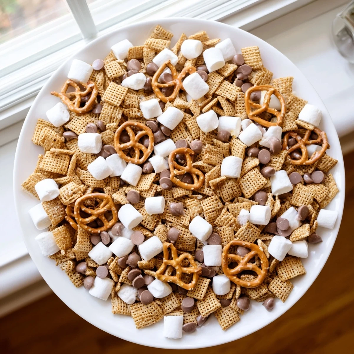 Golden graham cereal tossed with mini marshmallows, pretzels, and milk chocolate chips in this s'mores snack mix recipe
