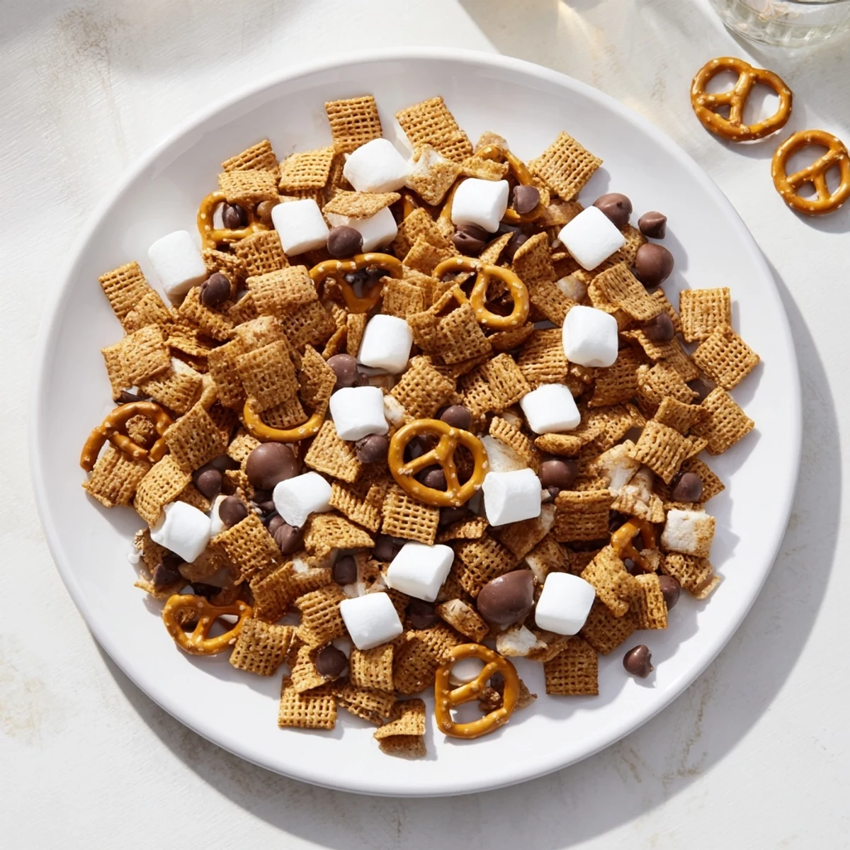 A colorful blend of graham cereal, chocolate pieces, and fluffy marshmallows making this irresistible s'mores snack mix recipe