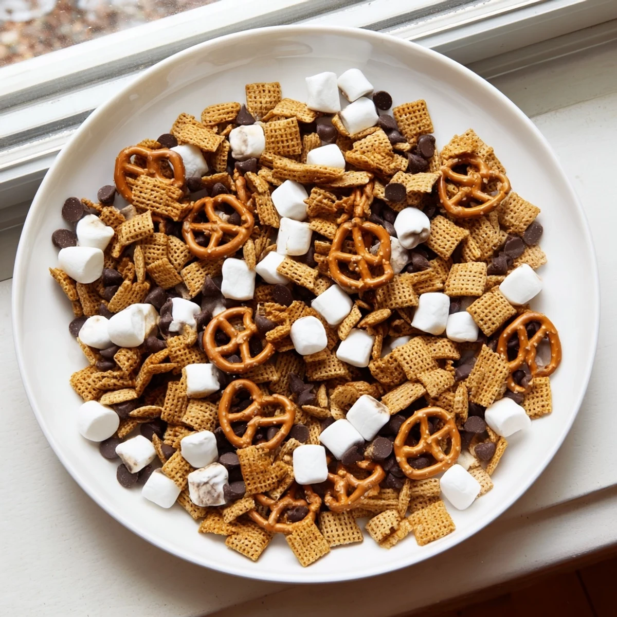 Crunchy pretzels and sweet marshmallows combined with chocolate in this easy s'mores snack mix recipe served in a bowl