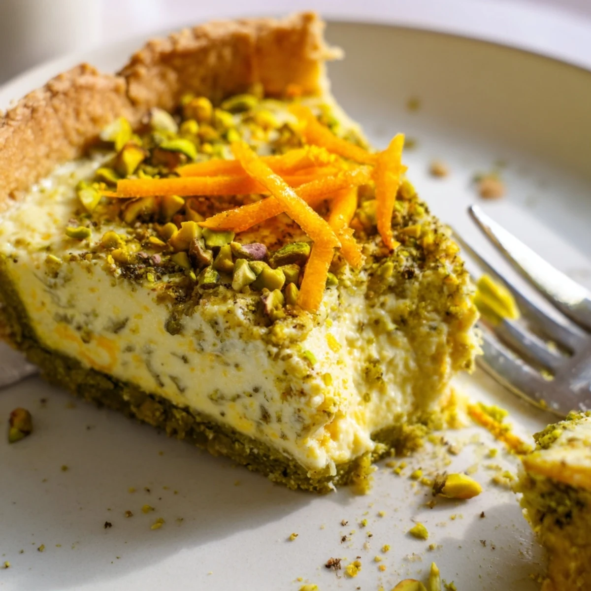 Golden orange cardamom tart with creamy custard filling nestled in a crunchy green pistachio crust, garnished with chopped pistachios and fresh orange zest strips